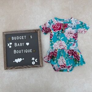 Posh Peanut Teal Floral Dress Romper with Pink Blooms